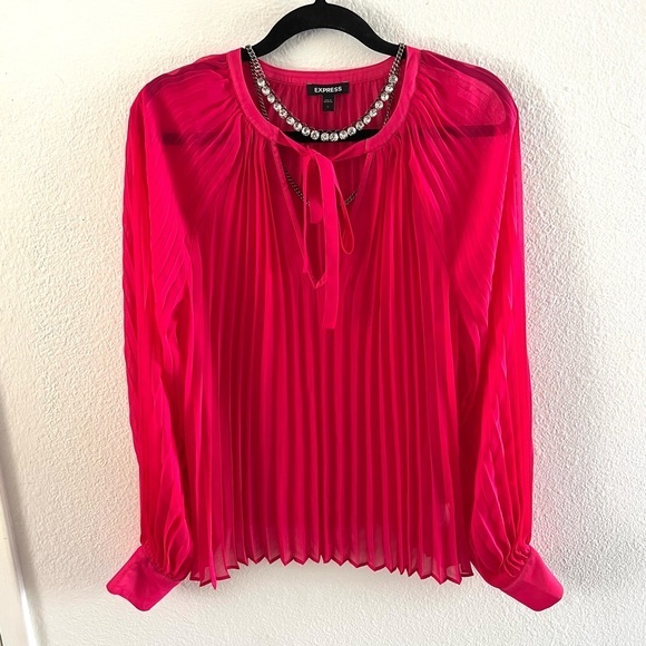 Express Tops - EXPRESS Pink Pleated Tie Blouse Shirt